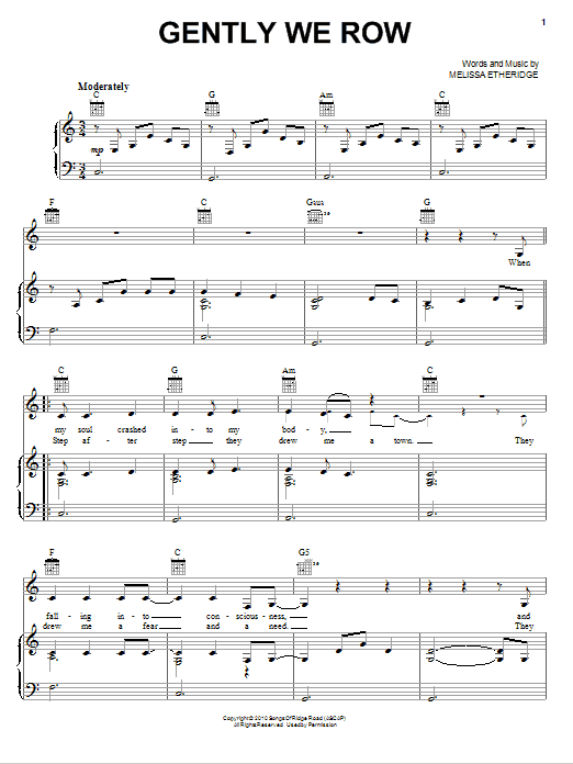 Melissa Etheridge Gently We Row Sheet Music Notes & Chords for Piano, Vocal & Guitar (Right-Hand Melody) - Download or Print PDF