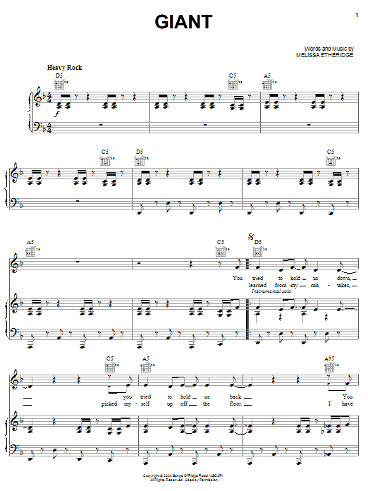 Melissa Etheridge Giant Sheet Music Notes & Chords for Piano, Vocal & Guitar (Right-Hand Melody) - Download or Print PDF