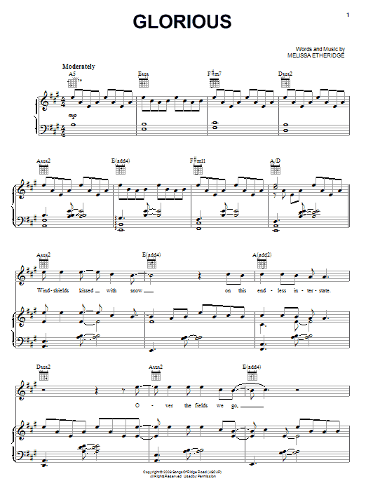 Melissa Etheridge Glorious Sheet Music Notes & Chords for Piano, Vocal & Guitar (Right-Hand Melody) - Download or Print PDF