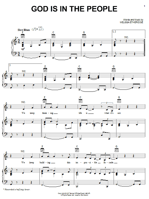 Melissa Etheridge God Is In The People Sheet Music Notes & Chords for Piano, Vocal & Guitar (Right-Hand Melody) - Download or Print PDF