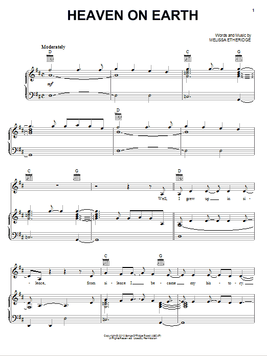 Melissa Etheridge Heaven On Earth Sheet Music Notes & Chords for Piano, Vocal & Guitar (Right-Hand Melody) - Download or Print PDF