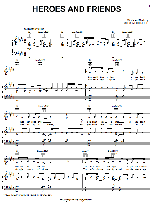 Melissa Etheridge Heroes And Friends Sheet Music Notes & Chords for Piano, Vocal & Guitar (Right-Hand Melody) - Download or Print PDF