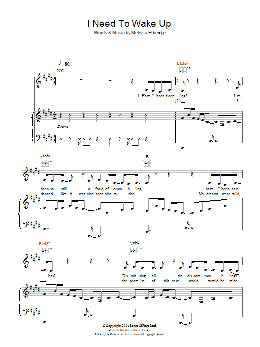 Melissa Etheridge I Need To Wake Up Sheet Music Notes & Chords for Piano, Vocal & Guitar - Download or Print PDF