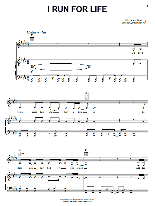 Melissa Etheridge I Run For Life Sheet Music Notes & Chords for Piano, Vocal & Guitar (Right-Hand Melody) - Download or Print PDF