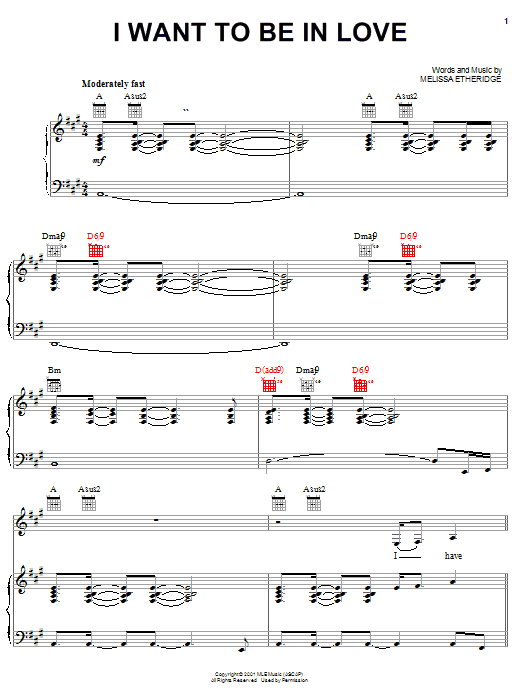Melissa Etheridge I Want To Be In Love Sheet Music Notes & Chords for Piano, Vocal & Guitar (Right-Hand Melody) - Download or Print PDF