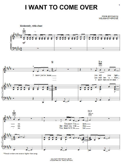 Melissa Etheridge I Want To Come Over Sheet Music Notes & Chords for Piano, Vocal & Guitar (Right-Hand Melody) - Download or Print PDF