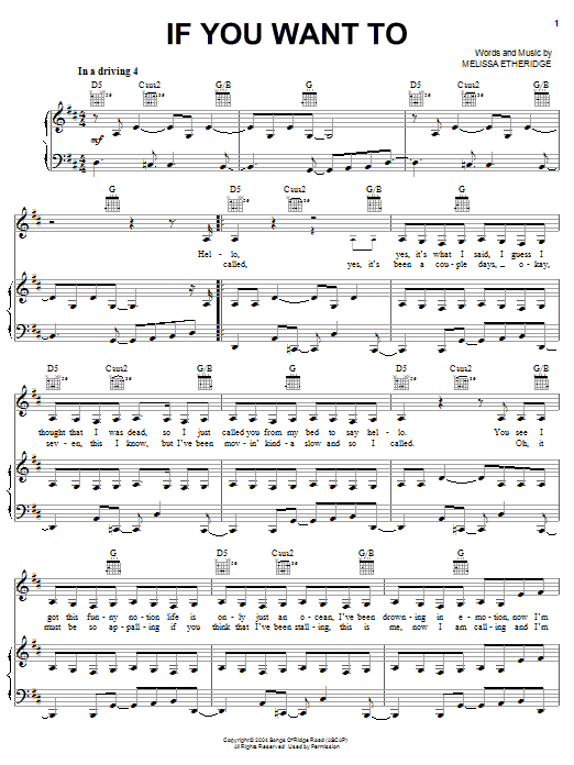 Melissa Etheridge If You Want To Sheet Music Notes & Chords for Piano, Vocal & Guitar (Right-Hand Melody) - Download or Print PDF