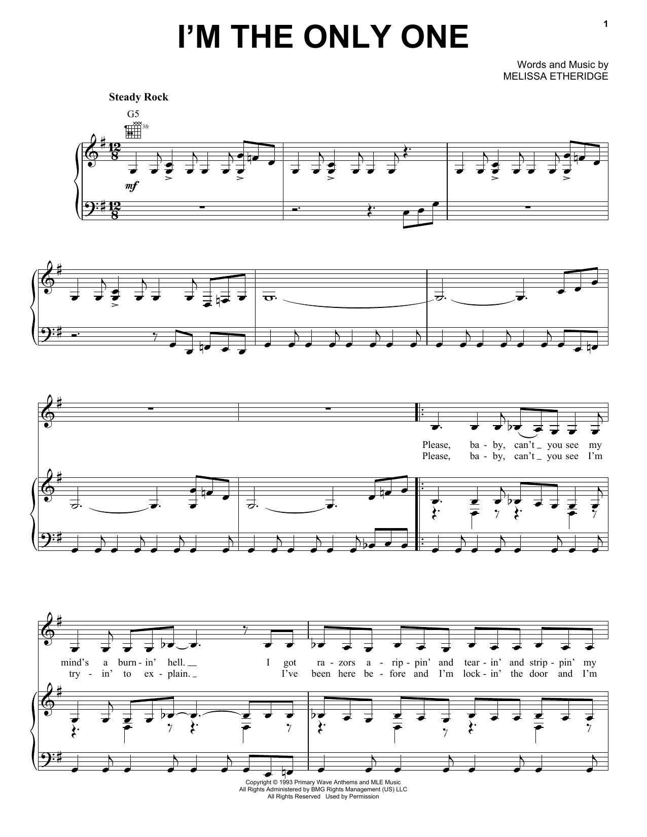 Melissa Etheridge I'm The Only One Sheet Music Notes & Chords for Lyrics & Chords - Download or Print PDF
