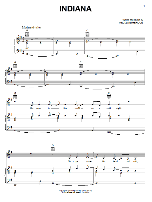 Melissa Etheridge Indiana Sheet Music Notes & Chords for Piano, Vocal & Guitar (Right-Hand Melody) - Download or Print PDF