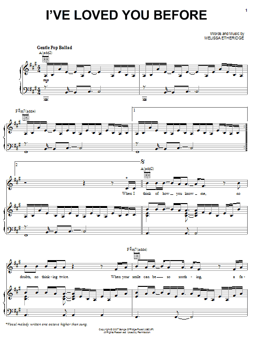 Melissa Etheridge I've Loved You Before Sheet Music Notes & Chords for Piano, Vocal & Guitar (Right-Hand Melody) - Download or Print PDF