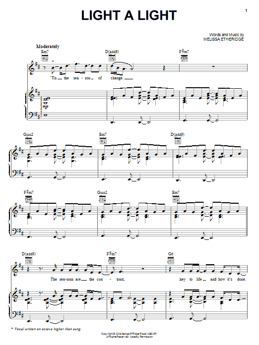 Melissa Etheridge Light A Light Sheet Music Notes & Chords for Piano, Vocal & Guitar (Right-Hand Melody) - Download or Print PDF