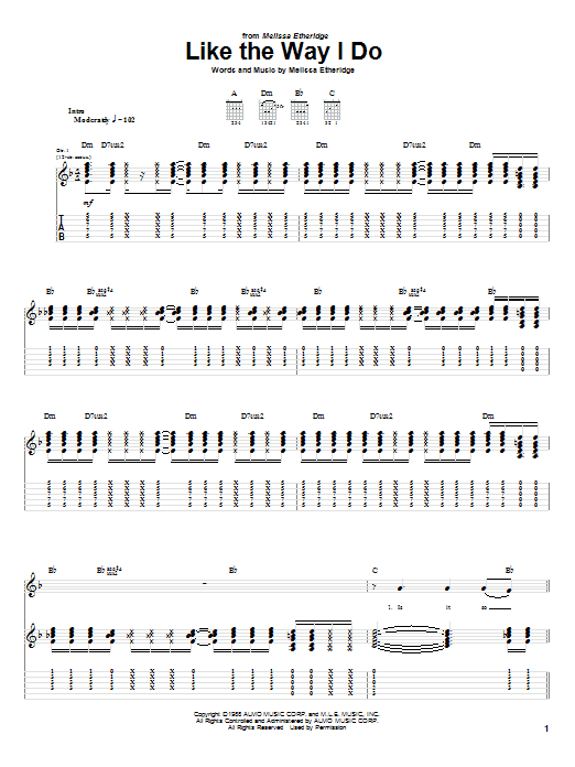 Melissa Etheridge Like The Way I Do Sheet Music Notes & Chords for Guitar with strumming patterns - Download or Print PDF