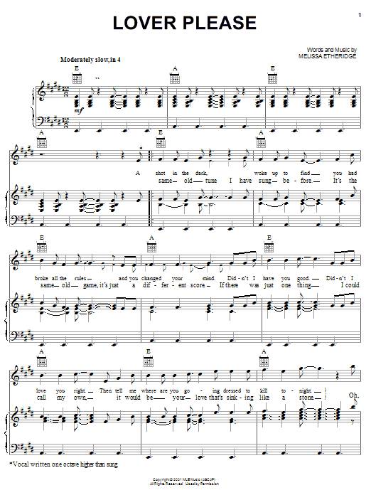 Melissa Etheridge Lover Please Sheet Music Notes & Chords for Piano, Vocal & Guitar (Right-Hand Melody) - Download or Print PDF