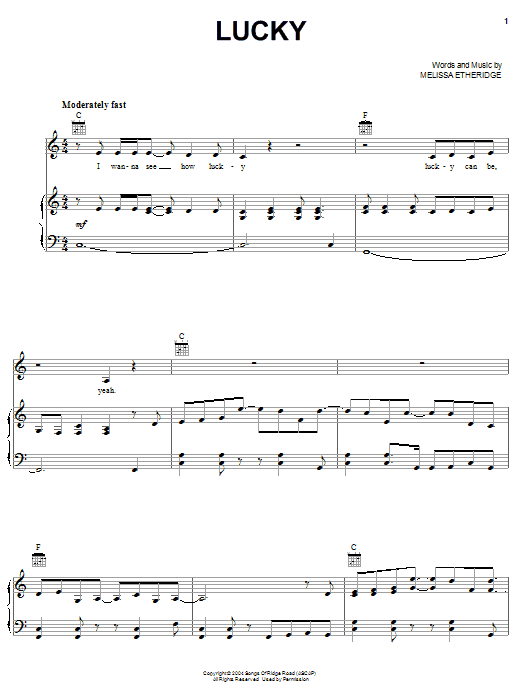 Melissa Etheridge Lucky Sheet Music Notes & Chords for Piano, Vocal & Guitar (Right-Hand Melody) - Download or Print PDF