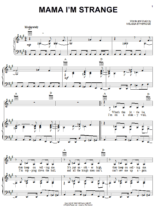 Melissa Etheridge Mama I'm Strange Sheet Music Notes & Chords for Piano, Vocal & Guitar (Right-Hand Melody) - Download or Print PDF