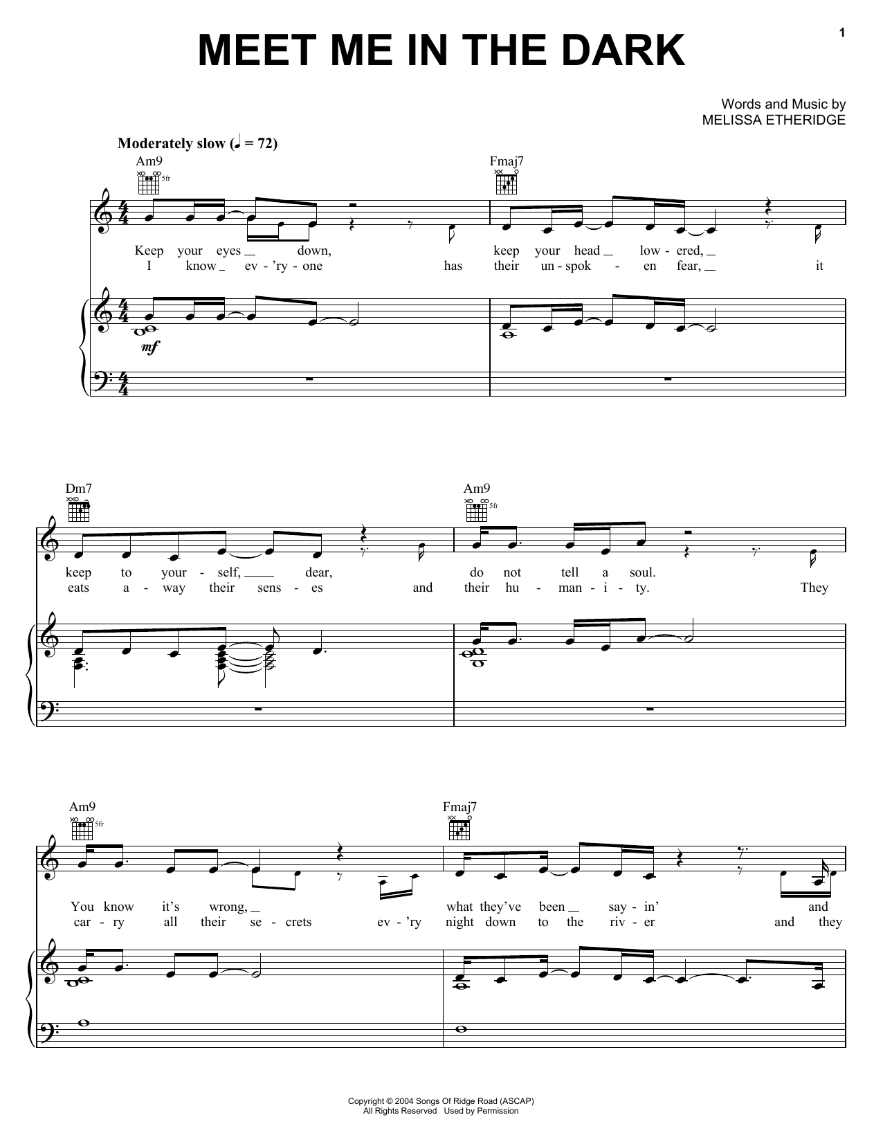 Melissa Etheridge Meet Me In The Dark Sheet Music Notes & Chords for Piano, Vocal & Guitar (Right-Hand Melody) - Download or Print PDF