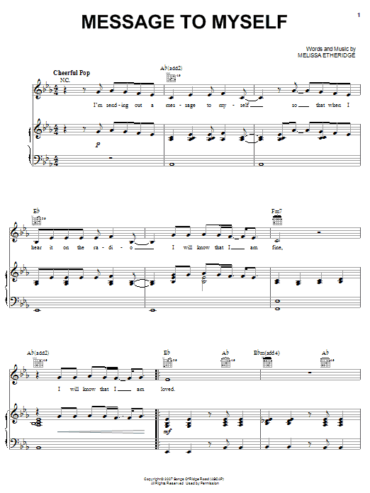 Melissa Etheridge Message To Myself Sheet Music Notes & Chords for Piano, Vocal & Guitar (Right-Hand Melody) - Download or Print PDF Melissa Etheridge Message To Myself Sheet Music Notes & Chords for Piano, Vocal & Guitar (Right-Hand Melody) - Download or Print PDF