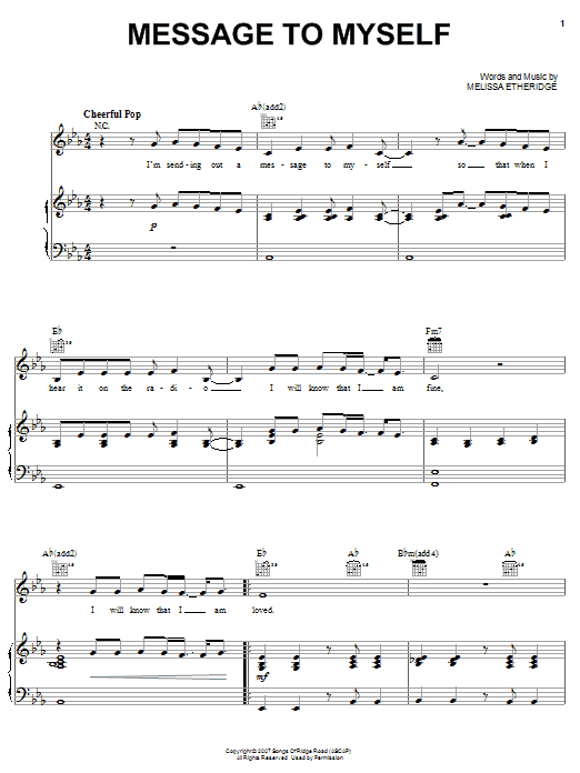 Melissa Etheridge Message To Myself Sheet Music Notes & Chords for Piano, Vocal & Guitar (Right-Hand Melody) - Download or Print PDF