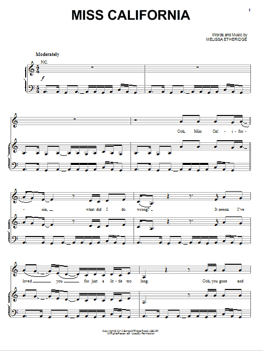 Melissa Etheridge Miss California Sheet Music Notes & Chords for Piano, Vocal & Guitar (Right-Hand Melody) - Download or Print PDF