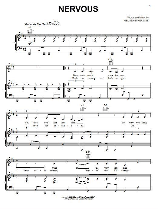 Melissa Etheridge Nervous Sheet Music Notes & Chords for Piano, Vocal & Guitar (Right-Hand Melody) - Download or Print PDF