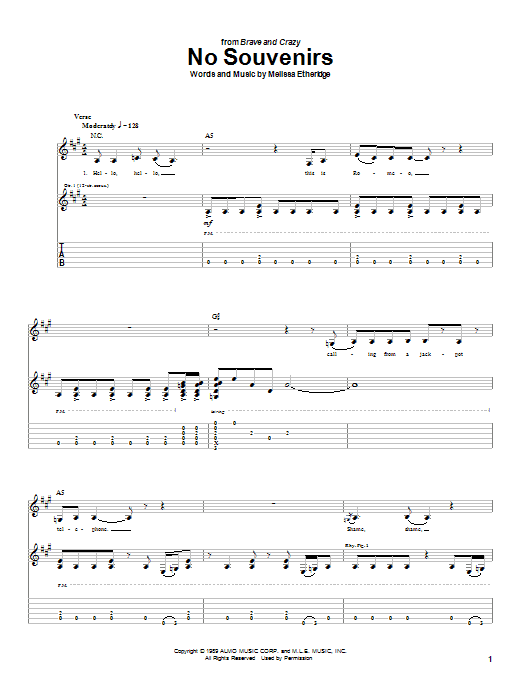 Melissa Etheridge No Souvenirs Sheet Music Notes & Chords for Guitar with strumming patterns - Download or Print PDF