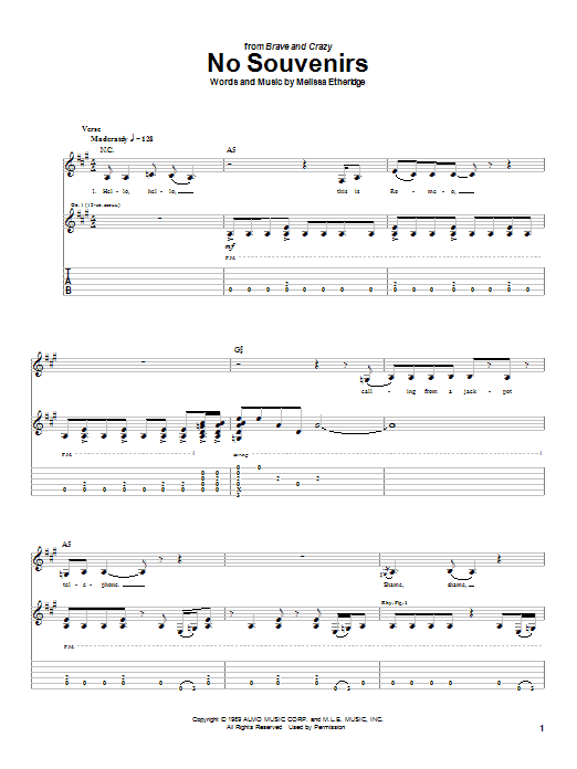 Melissa Etheridge No Souvenirs Sheet Music Notes & Chords for Guitar Tab - Download or Print PDF