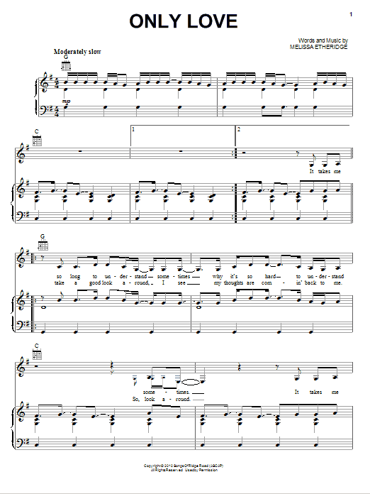 Melissa Etheridge Only Love Sheet Music Notes & Chords for Piano, Vocal & Guitar (Right-Hand Melody) - Download or Print PDF