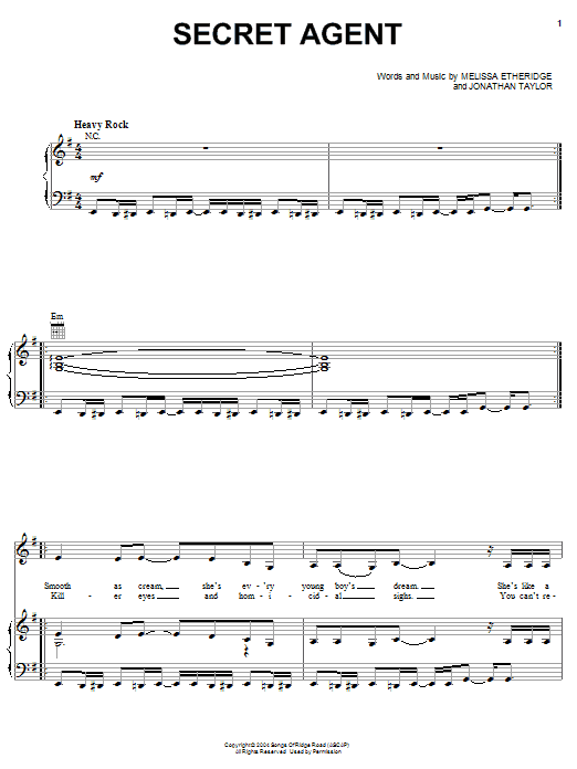 Melissa Etheridge Secret Agent Sheet Music Notes & Chords for Piano, Vocal & Guitar (Right-Hand Melody) - Download or Print PDF