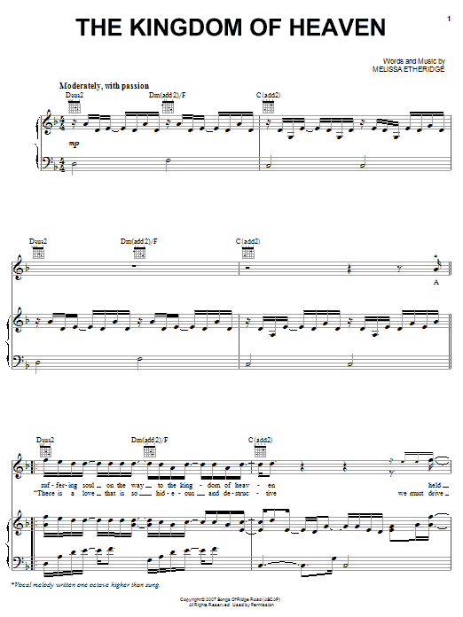 Melissa Etheridge The Kingdom Of Heaven Sheet Music Notes & Chords for Piano, Vocal & Guitar (Right-Hand Melody) - Download or Print PDF