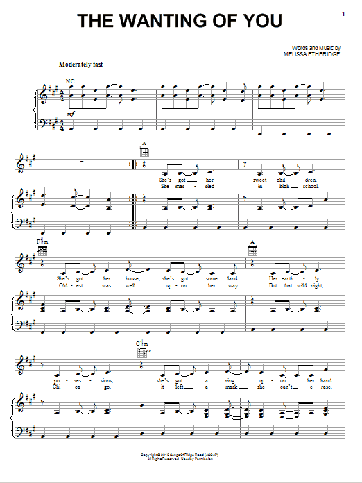 Melissa Etheridge The Wanting Of You Sheet Music Notes & Chords for Piano, Vocal & Guitar (Right-Hand Melody) - Download or Print PDF