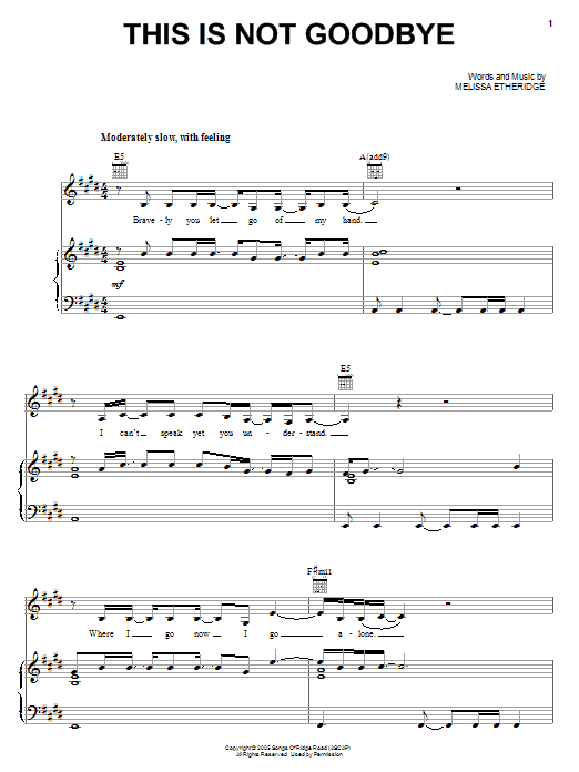 Melissa Etheridge This Is Not Goodbye Sheet Music Notes & Chords for Piano, Vocal & Guitar (Right-Hand Melody) - Download or Print PDF