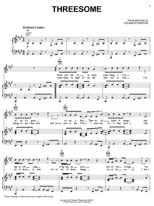 Melissa Etheridge Threesome Sheet Music Notes & Chords for Piano, Vocal & Guitar (Right-Hand Melody) - Download or Print PDF