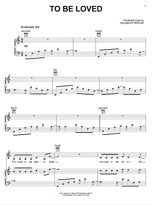 Melissa Etheridge To Be Loved Sheet Music Notes & Chords for Piano, Vocal & Guitar (Right-Hand Melody) - Download or Print PDF