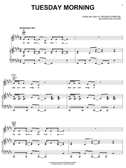 Melissa Etheridge Tuesday Morning Sheet Music Notes & Chords for Piano, Vocal & Guitar (Right-Hand Melody) - Download or Print PDF