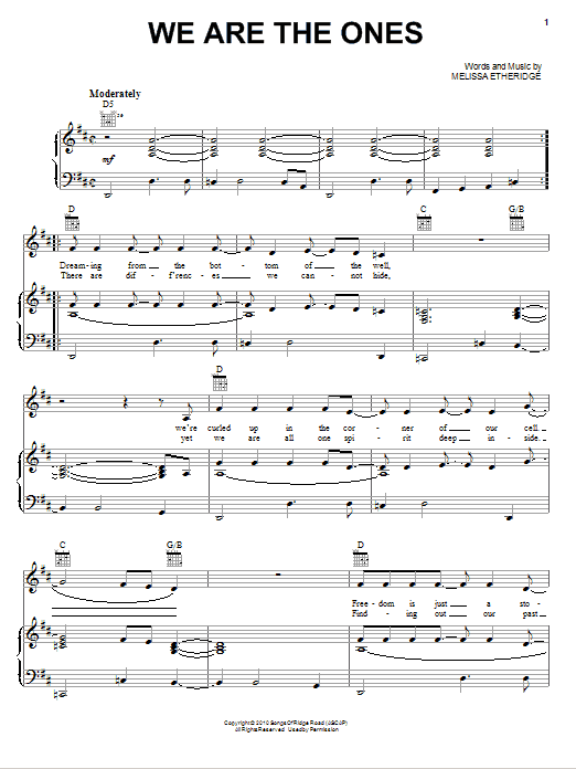 Melissa Etheridge We Are The Ones Sheet Music Notes & Chords for Piano, Vocal & Guitar (Right-Hand Melody) - Download or Print PDF