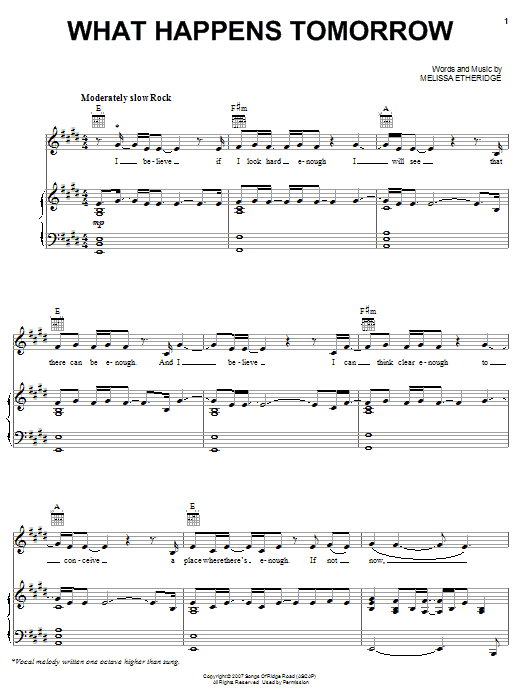 Melissa Etheridge What Happens Tomorrow Sheet Music Notes & Chords for Piano, Vocal & Guitar (Right-Hand Melody) - Download or Print PDF
