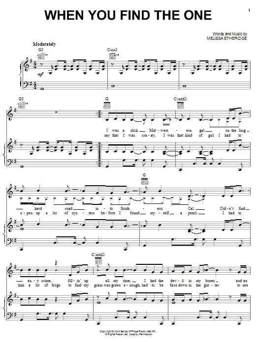 Melissa Etheridge When You Find The One Sheet Music Notes & Chords for Piano, Vocal & Guitar (Right-Hand Melody) - Download or Print PDF