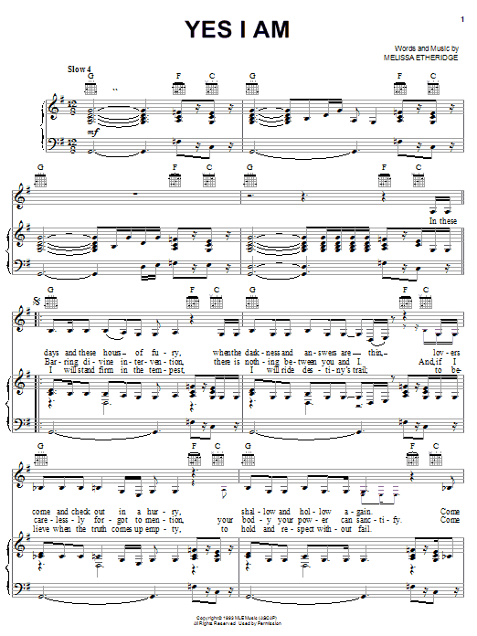 Melissa Etheridge Yes I Am Sheet Music Notes & Chords for Guitar Tab - Download or Print PDF