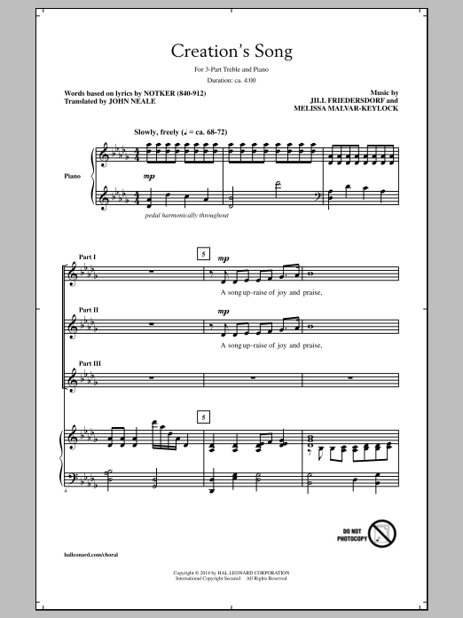 Melissa Malvar-Keylock Creation's Song Sheet Music Notes & Chords for 3-Part Treble - Download or Print PDF