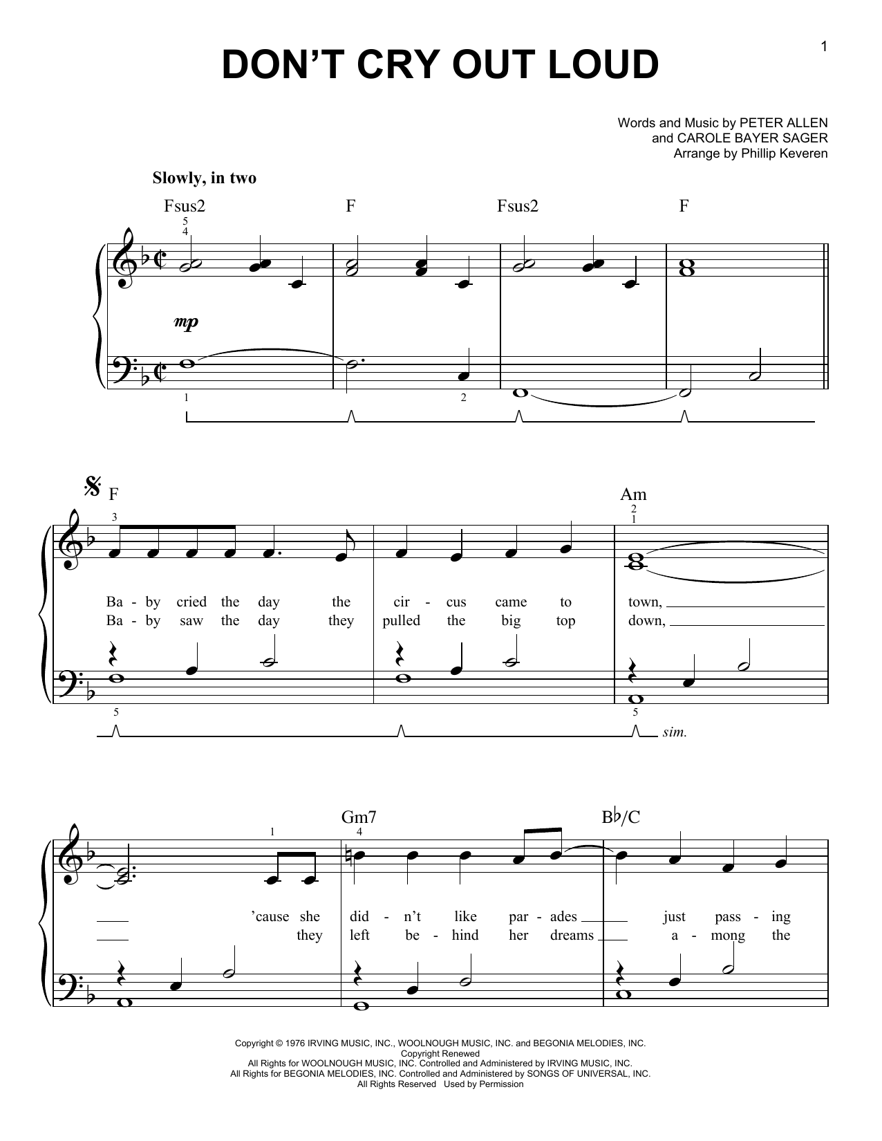 Melissa Manchester Don't Cry Out Loud (We Don't Cry Out Loud) (arr. Phillip Keveren) Sheet Music Notes & Chords for Easy Piano - Download or Print PDF