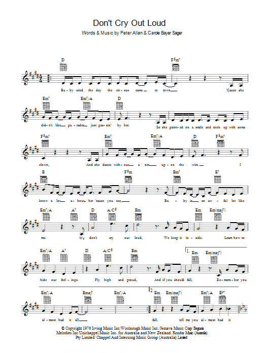 Melissa Manchester Don't Cry Out Loud (We Don't Cry Out Loud) Sheet Music Notes & Chords for Piano & Vocal - Download or Print PDF