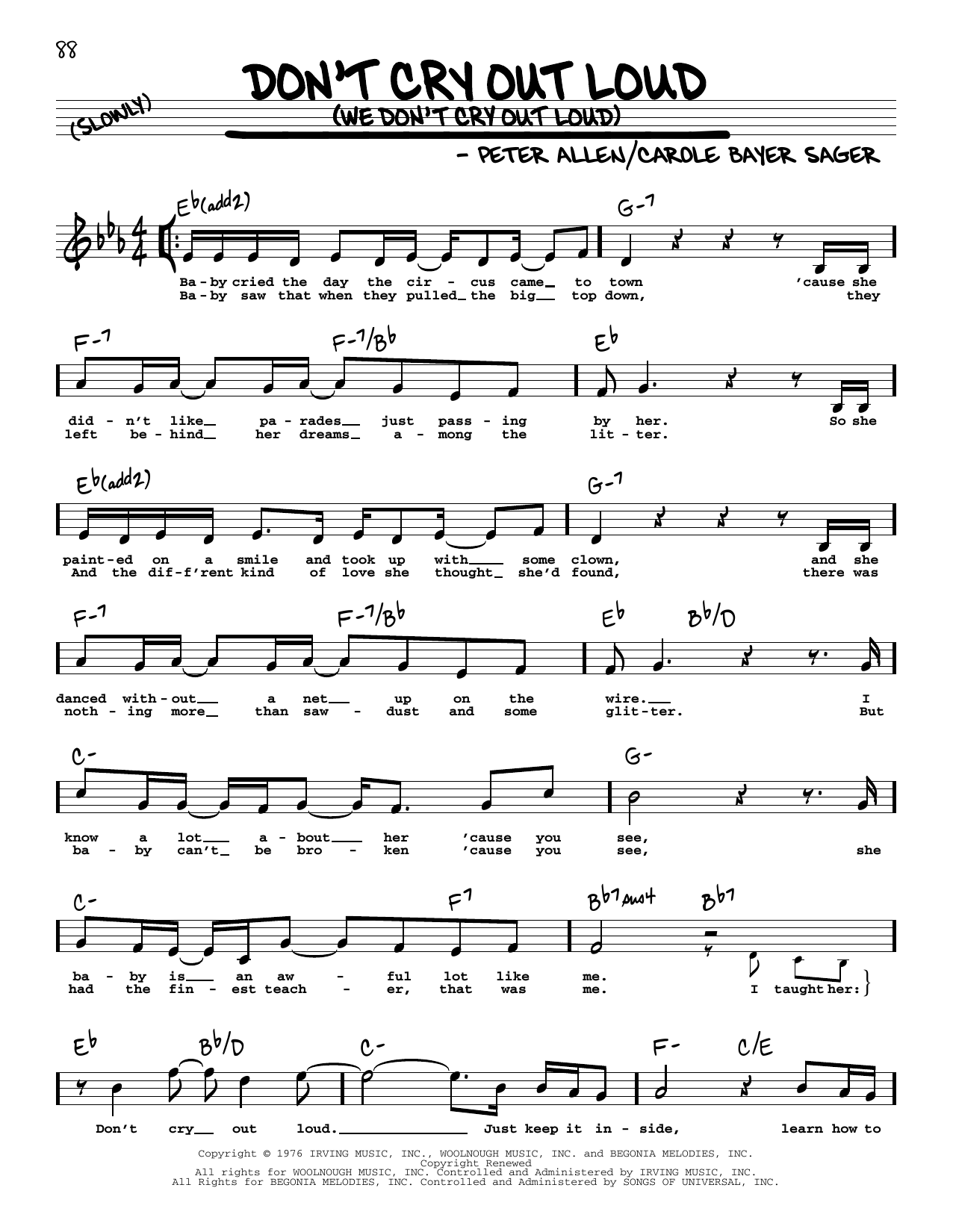 Melissa Manchester Don't Cry Out Loud (We Don't Cry Out Loud) (High Voice) Sheet Music Notes & Chords for Real Book – Melody, Lyrics & Chords - Download or Print PDF