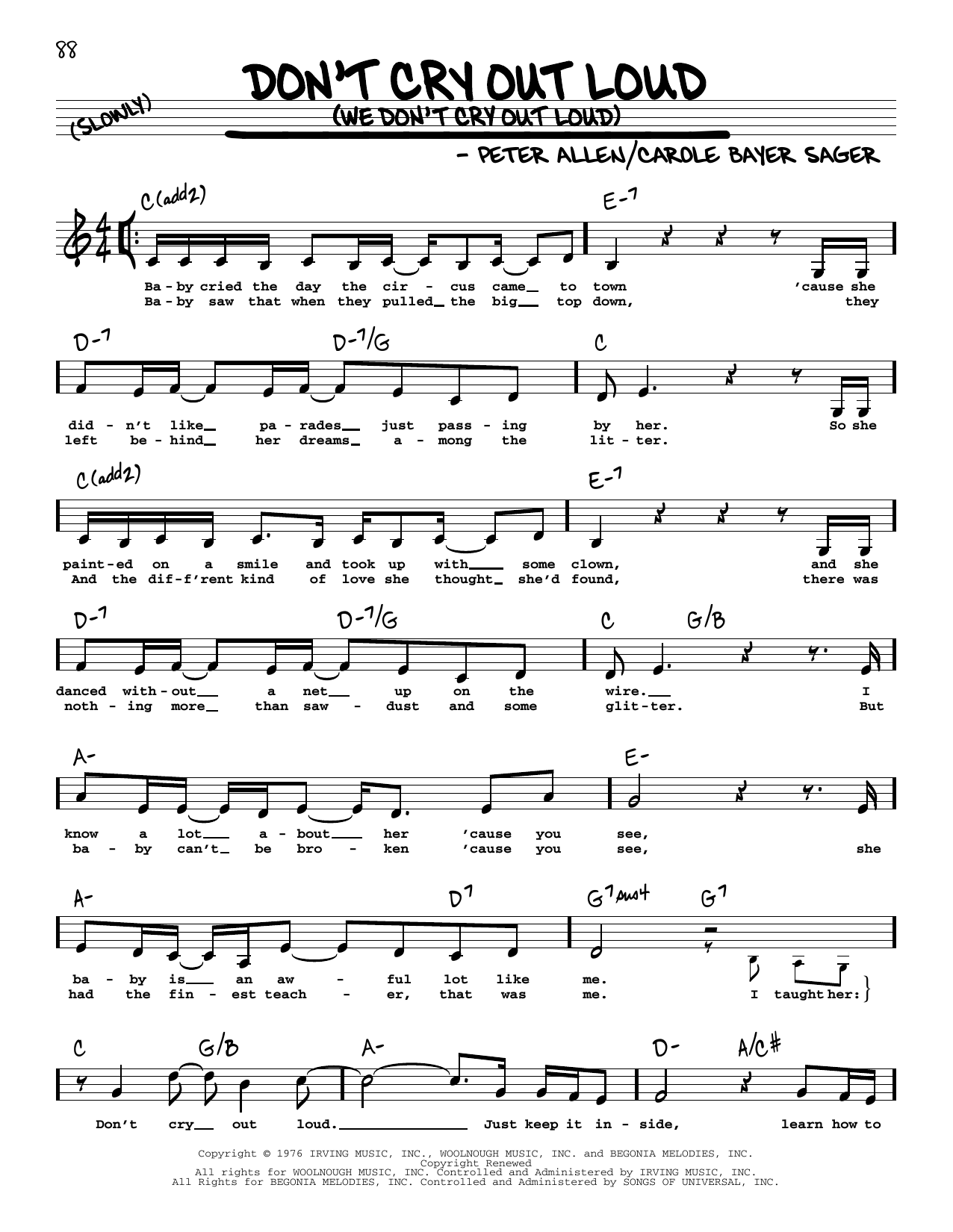 Melissa Manchester Don't Cry Out Loud (We Don't Cry Out Loud) (Low Voice) Sheet Music Notes & Chords for Real Book – Melody, Lyrics & Chords - Download or Print PDF