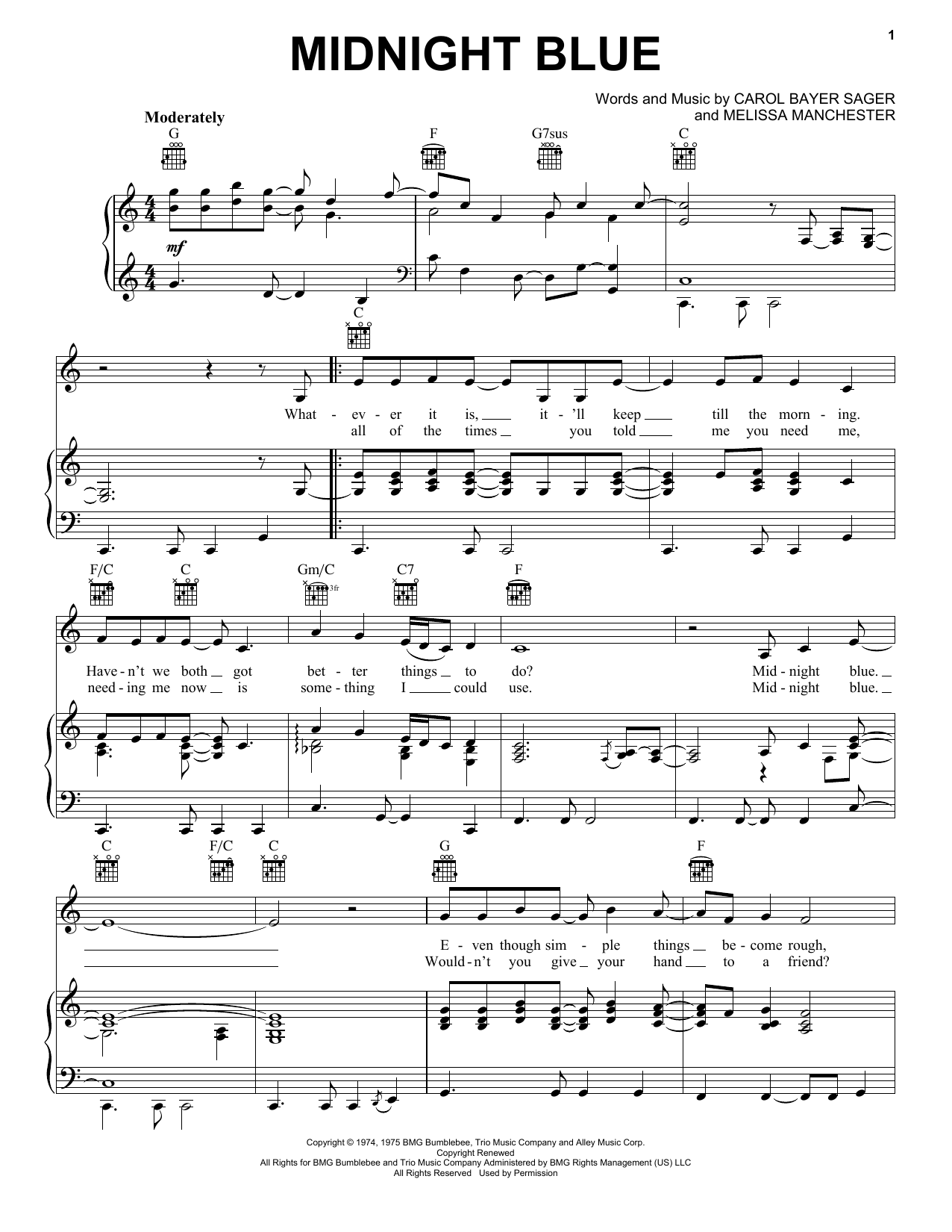 Melissa Manchester Midnight Blue Sheet Music Notes & Chords for Piano, Vocal & Guitar (Right-Hand Melody) - Download or Print PDF