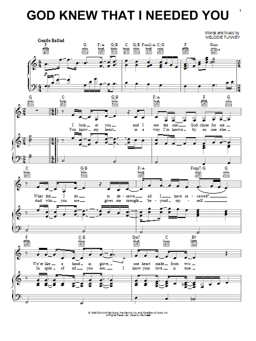 Melodie Tunney God Knew That I Needed You Sheet Music Notes & Chords for Piano, Vocal & Guitar (Right-Hand Melody) - Download or Print PDF