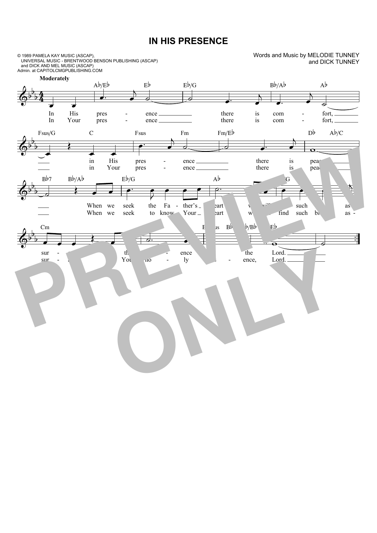 Melodie Tunney In His Presence Sheet Music Notes & Chords for Melody Line, Lyrics & Chords - Download or Print PDF