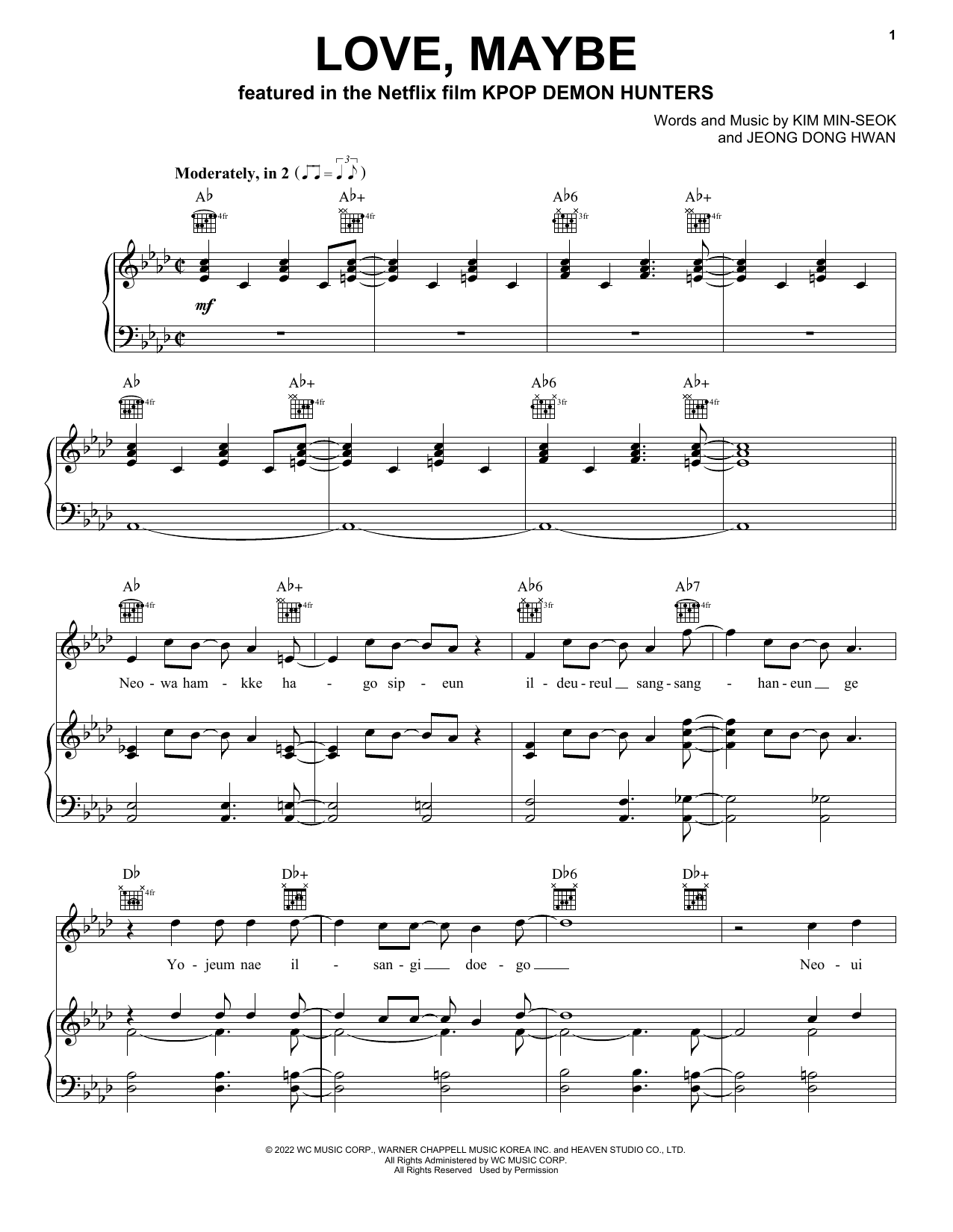 MeloMance Love, Maybe (from KPop Demon Hunters) Sheet Music Notes & Chords for Piano, Vocal & Guitar Chords (Right-Hand Melody) - Download or Print PDF