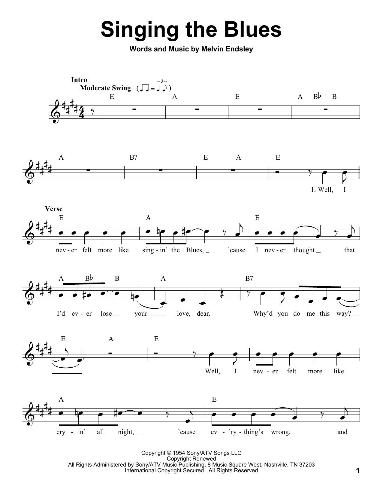 Melvin Endsley Singing The Blues Sheet Music Notes & Chords for Voice - Download or Print PDF
