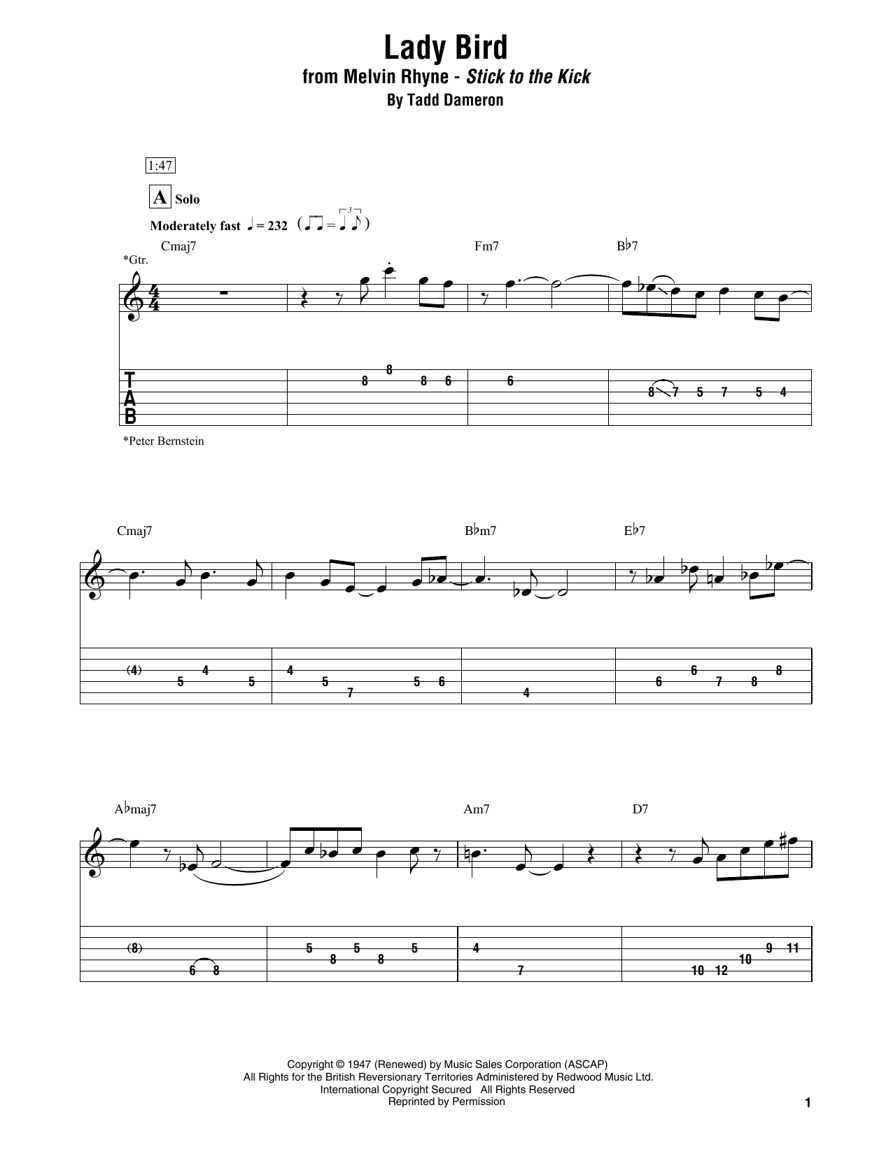 Melvin Rhyne Lady Bird Sheet Music Notes & Chords for Electric Guitar Transcription - Download or Print PDF