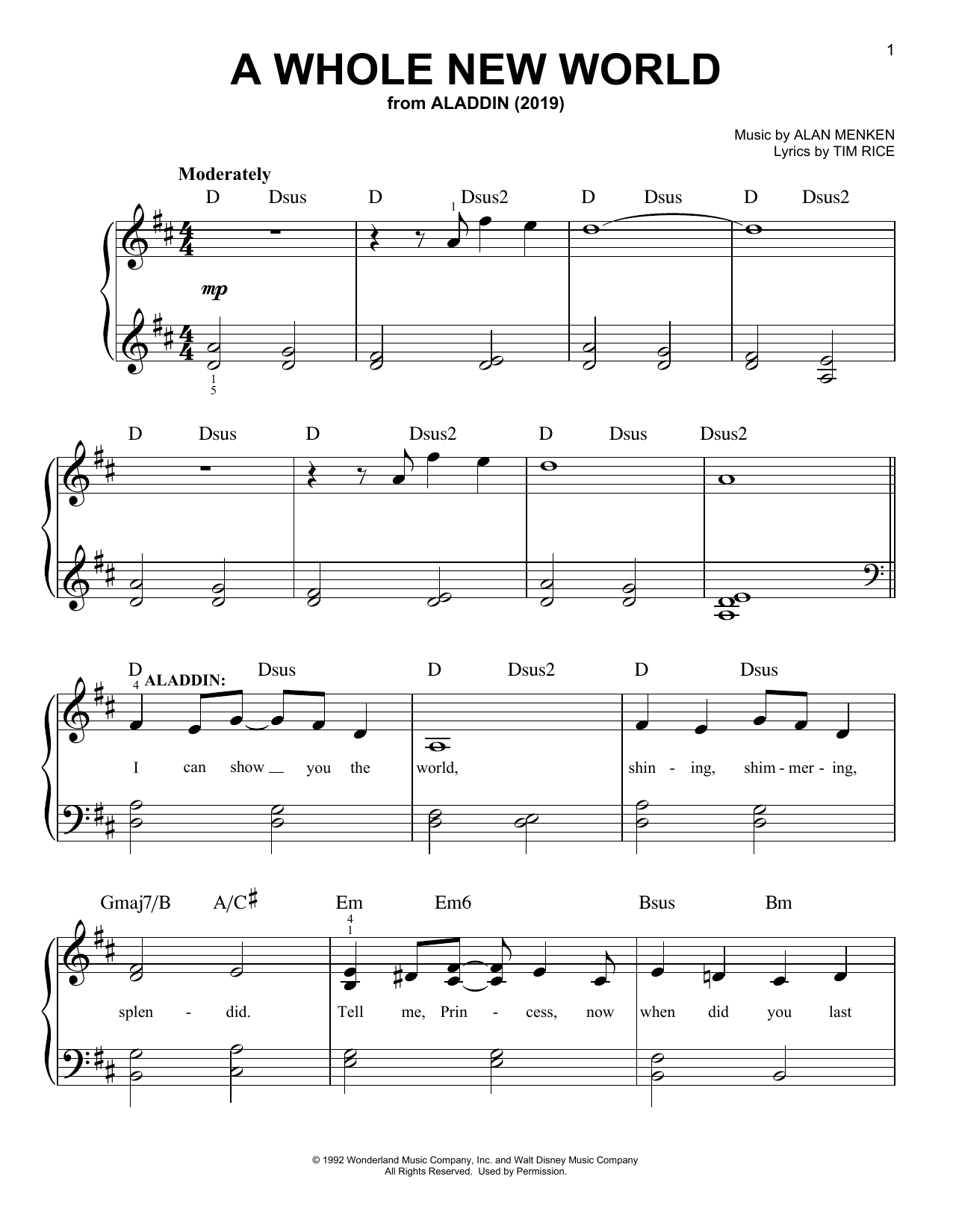 Mena Massoud & Naomi Scott A Whole New World (from Disney's Aladdin) Sheet Music Notes & Chords for Easy Piano - Download or Print PDF